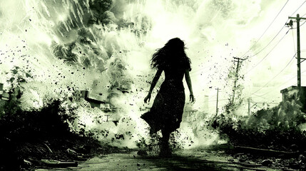 Black and white photo of woman walking away from huge explosion.