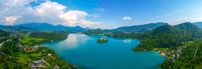 Aerial view of lake Bled in Slovenia - obrazy, fototapety, plakaty