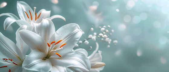 White lily flower on a pale blue background, perfect for wedding cards, celebrations, invitations, farewells, or condolences.