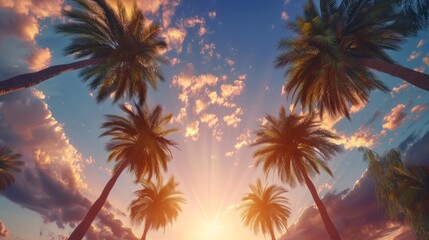 Fototapeta na wymiar Low angle view of tropical palm trees on a sunset generative ai