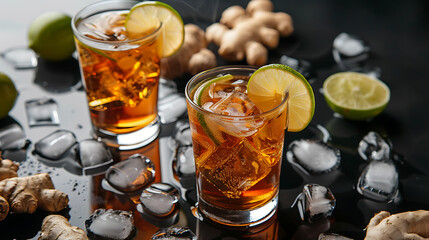 two glasses of iced tea adorned with lime slices, surrounded by ice cubes and ginger.