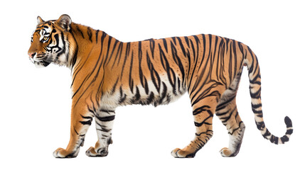 Side view, profile of a tiger standing, isolated on white
