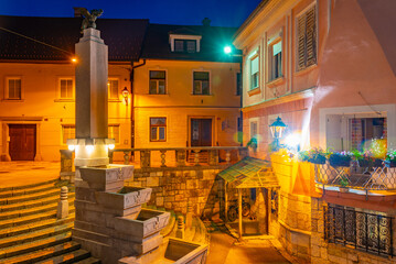 Sunset view of Plecnik staircase and arcades in Kranj, Slovenia