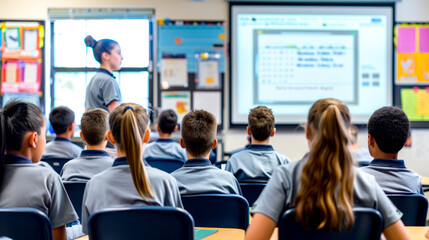 Fototapeta premium Group of children sitting at desks in front of projector screen.
