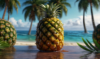 The ripe fruit of the Pineapple on the seashore