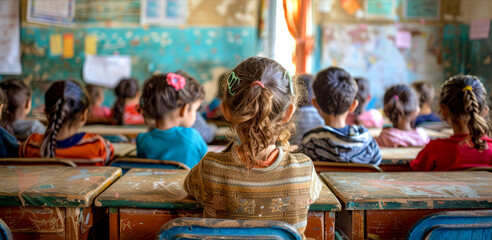 Group of young children sitting at desks in classroom with their backs to the camera.