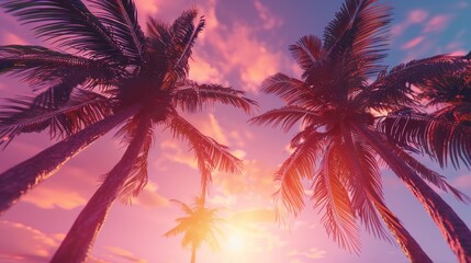 Low angle view of tropical palm trees on a sunset generative ai