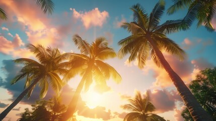 Low angle view of tropical palm trees on a sunset generative ai