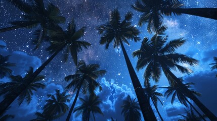 Fototapeta na wymiar Low angle view of tropical palm trees on a starry night generative ai
