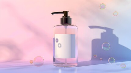 Transparent empty glass bottle with head pump on pastel pink gradient modern background, bubbles. Front view, blank clean cosmetic beauty product packaging, copyspace for text, advertising mock up