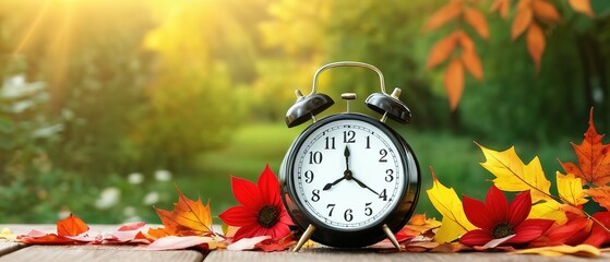 Naklejka na ściany i meble Spring forward. Time change in spring. Clock turn forward one hour in spring. Daylight saving time. Alarm clock on beautiful nature background with green grass and white flowers meadow.