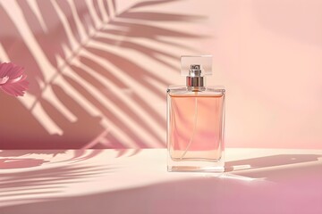 Transparent bottle of perfume with empty label on pastel gradient background. Fragrance trending concept with copyspace for text, natural materials flowers plant shadows. Women's and men's