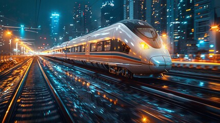 A high-speed train connecting smart cities, promoting sustainable travel.