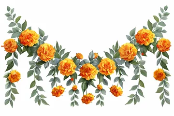 Fotobehang Orange and red marigold flowers isolated on white background. Chinese mid autumn festival or toran Indian traditional Diwali decoration. Symbol of mexican holiday Day of dead © ratatosk