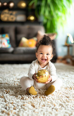 Happy Cute Smiling Baby Sits On Carpet, Floor And Holding Gold Piggy Bank. Sofa Living Room On Background. Investment, Health Insurance. Child Care, Financial Concept Vertical Plane. Ai Generated