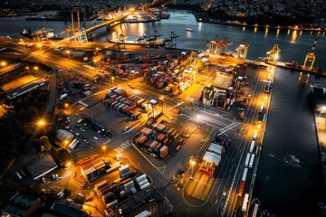 Fototapeta na wymiar Golden hour photo of the New Jersey Dockyard in Upper Bay, New York City. Numerous cranes, gantries and shipping containers lit with street lights. Taken from a helicopter.