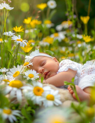 Obraz na płótnie Canvas Baby sleeping in field of daisies and daisies in the grass.