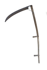 Long-blade scythe with wooden handle isolated transparent background