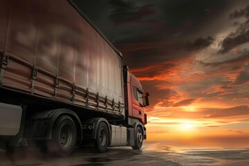 Semi Trailer Trucks on Parking with The Sunset Sky. Shipping Container Truck. Delivery Transit. Engine Diesel Truck Tractor. Industry Freight Trucks Logistics Cargo Transport. - obrazy, fototapety, plakaty