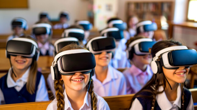 Group of young girls wearing virtual headsets in class room of school.