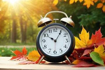 Spring forward. Time change in spring. Clock turn forward one hour in spring. Daylight saving time. Alarm clock on beautiful nature background with green grass and white flowers meadow.