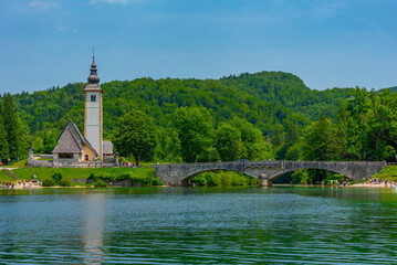 Fototapeta na wymiar Church at Ribcev Laz near lake Bohinj in Slovenia