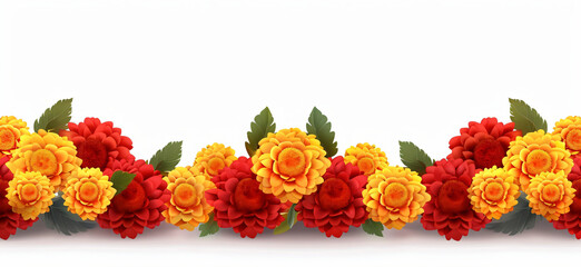 Orange and red marigold flowers isolated on white background. Chinese mid autumn festival or toran Indian traditional Diwali decoration. Symbol of mexican holiday Day of dead