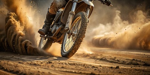 Motocross rider in dust action. Motorcycle sport.  - obrazy, fototapety, plakaty