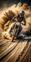 Motocross rider in dust action. Motorcycle sport. 