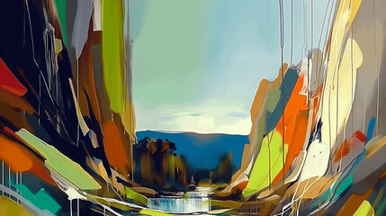 Abstract landscape painting of a canyon and valley, oil on canvas - obrazy, fototapety, plakaty