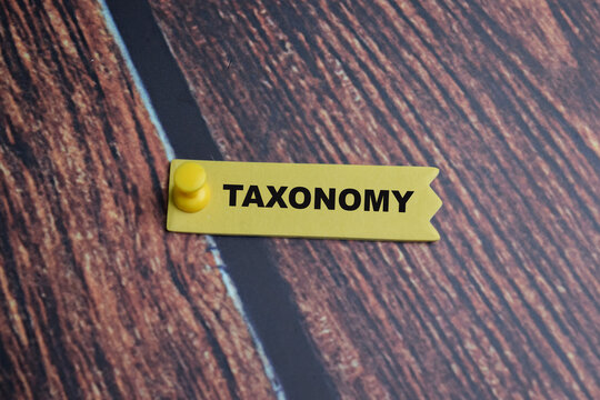 Concept of Taxonomy write on sticky notes isolated on Wooden Table.
