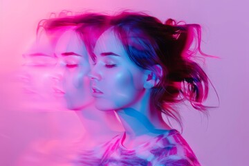 Portrait of young girl posing against light purple background in neon lights. Mixed lights effects. Silhouette. Concept of art, modern style, cyberpunk, futurism and creativity