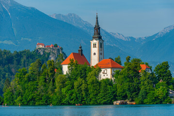 Assumption of Maria church and Bled Castle at lake Bled in Slove
