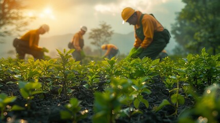 Workers planting a forest as part of a carbon offset program. - obrazy, fototapety, plakaty