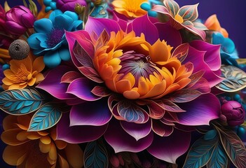A close-up of a bouquet of flowers with vibrant colors and intricate designs on the petals - obrazy, fototapety, plakaty