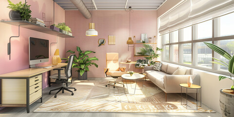 soft interior design of an office, comfortable and welcoming, pink pastel bohemian colours
