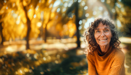 Banner Portrait of Charming Senior Aged Woman With Gray Hair, Wrinkles in Autumn Park Outdoor Bokeh. Black And White Photo. Smiling with Teeth Older Female. Happy Pensioner, Retirement. AI Generated