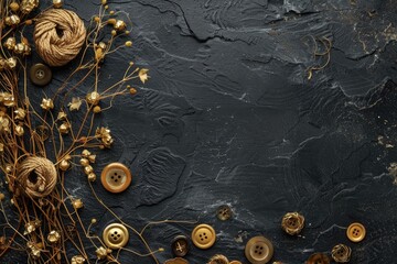 Sewing supplies and accessories for needlework on a dark background. Lots of gold and black threads and buttons. Top View.