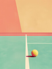 a pastel coloured tennis pitch with a tennis ball