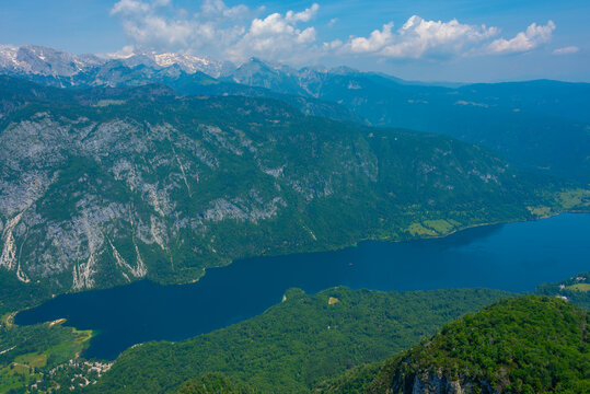 Aerial view of lake Bohinj in Slovenia