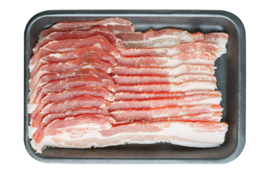Raw pork bacon in black plastic pack isolated on white, transparent background. Streaky brisket slices, fresh thin sliced bacon, food ingredient