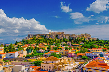 Aerial view of Plaka Athens and the rock of Acropolis with a beautiful day sky. 