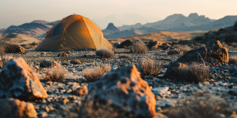 A small orange tent is set up in the desert