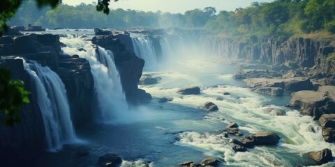 A waterfall is flowing into a river with a misty atmosphere - obrazy, fototapety, plakaty