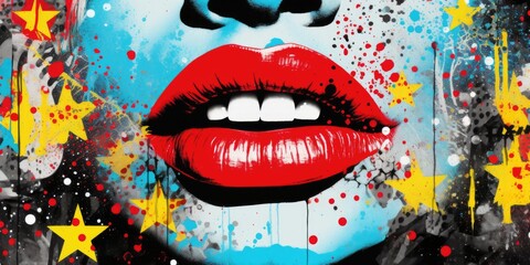 A woman's lips are painted red and blue with stars in the background