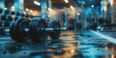 Two dumbbells are on the floor in a gym - obrazy, fototapety, plakaty