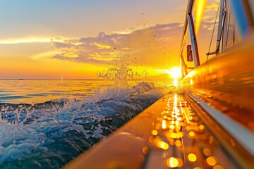 Side view Speeding fishing motor boat with drops of water. Blue ocean sea water wave reflections at the sunset. Motor boat in the blue ocean. Ocean yacht. Sunset at the sailboat deck - obrazy, fototapety, plakaty
