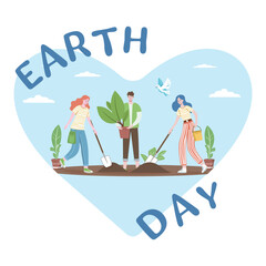 A group of people plant tree. Earth Day. Green Planet Environment. Concept Flat Cartoon Vector Illustration