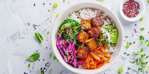 A bowl of food with a variety of vegetables and tofu