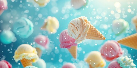 A colorful array of ice cream cones are flying through the air